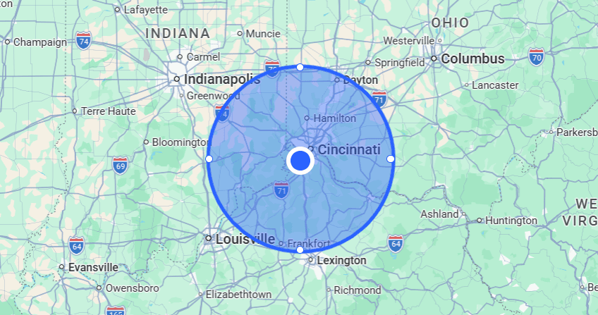 Map showing a 100-mile radius around Cincinnati covering nearby cities.